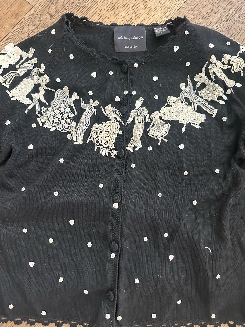Michael Simon Black Cardigan with Ivory Sequin Embellishment